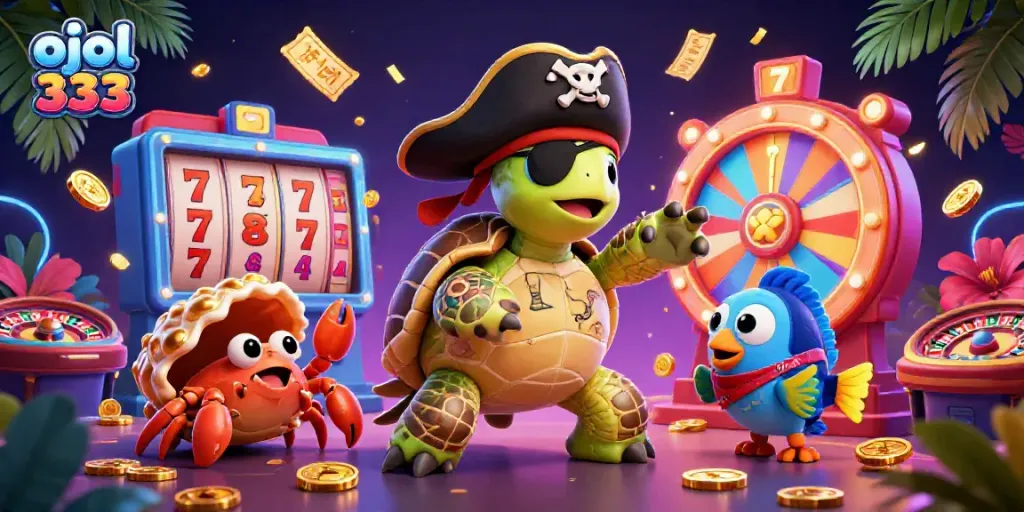 Engage with ojol 333's vibrant gaming experience featuring colorful slot reels and lively characters.