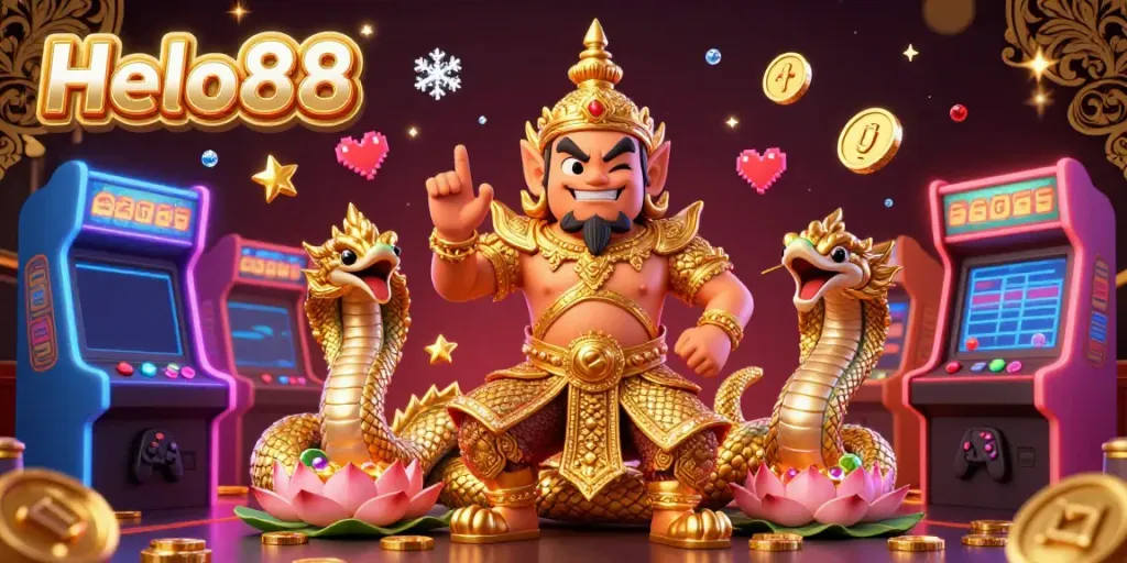 Experience the vibrant world of Helo88 with dynamic gaming elements and charming guardians in this exciting casino illustration.