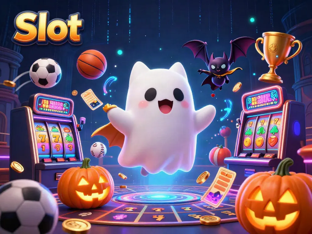 Spinning Slot machines come alive with a ghost cat and bat in a vibrant casino scene.