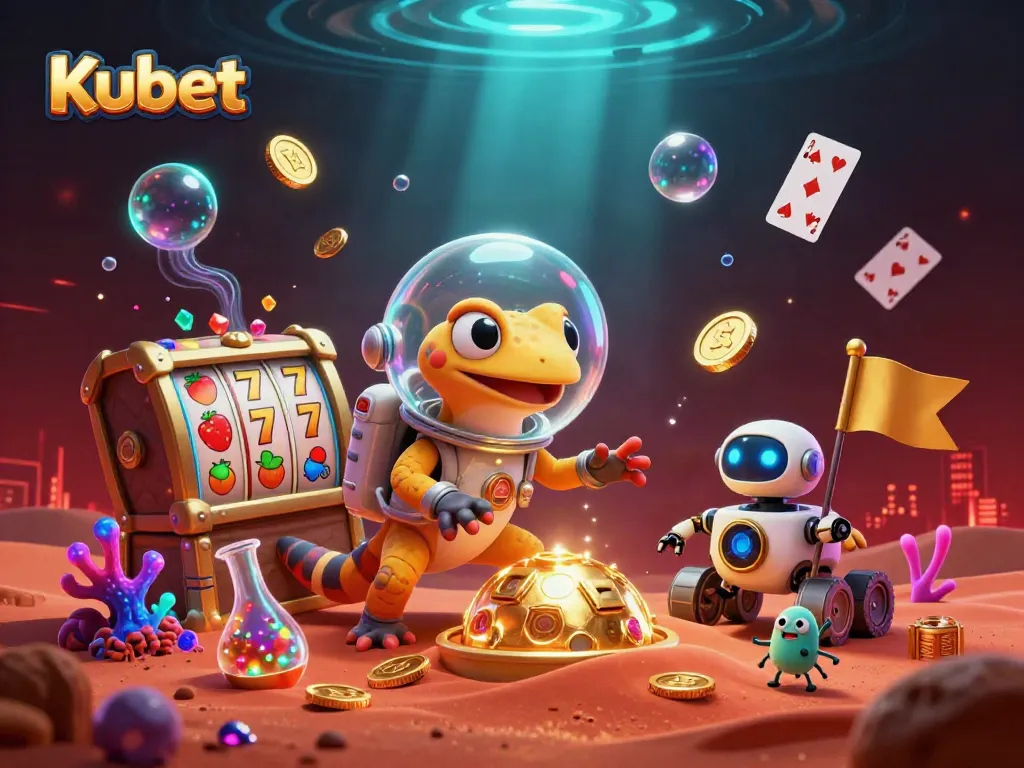 Kubet captivates players with vibrant slots and a Martian gecko exploring a golden casino.