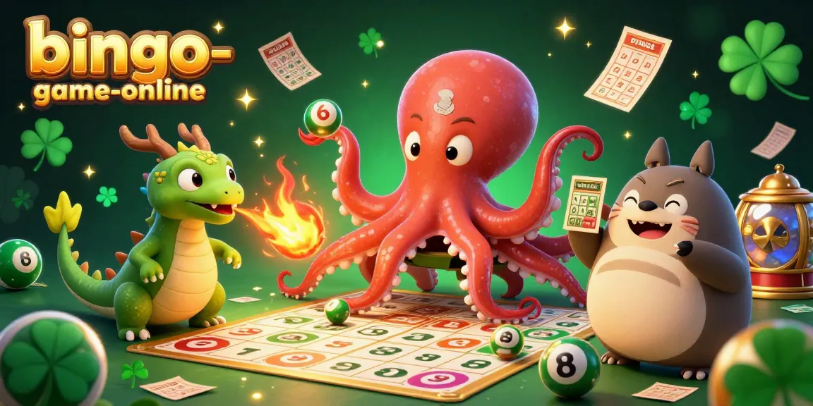 Enjoy the thrill of bingo-game-online as a colorful octopus caller cheers, surrounded by vibrant bingo elements.