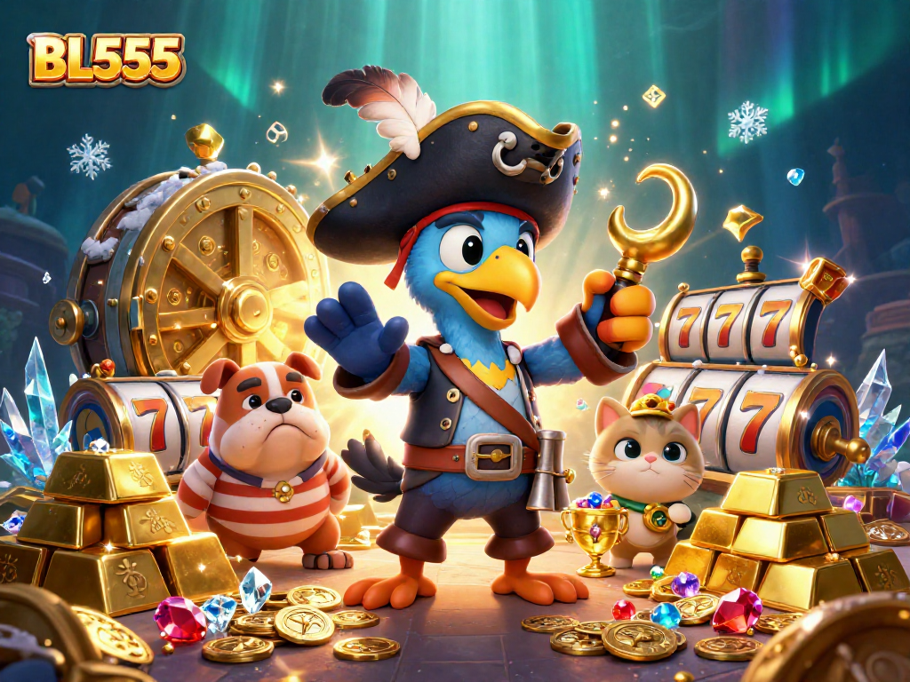 Experience thrilling gameplay at BL555 with vibrant 3D treasures, slot reels, and engaging characters.