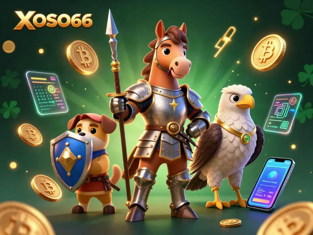 Engage with XOSO66 in a vibrant medieval-themed casino scene with glowing crypto elements and dynamic characters.