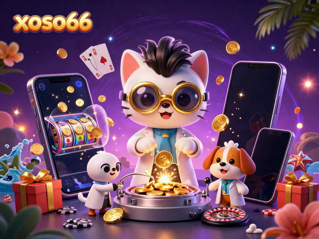 Experience exciting gameplay with xoso66 in this vibrant 3D casino illustration showcasing golden coins and dynamic game elements.