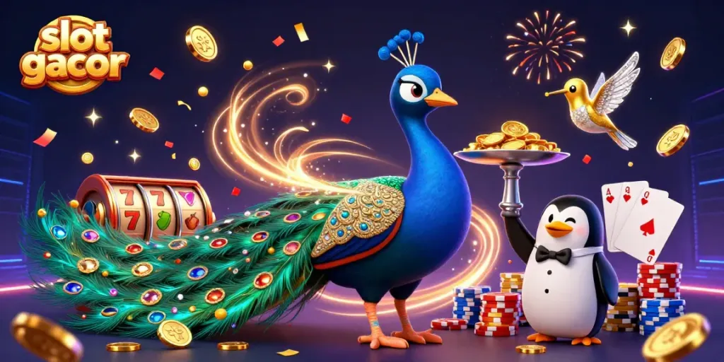 Permainan slot gacor menampilkan burung merak yang berkilau dan burung kolibri dengan simbol buah dan jackpot yang bersinar.