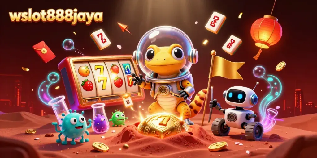 Wslot888jaya menampilkan ilustrasi kasino emas dengan hewan alien dan elemen slot menarik.