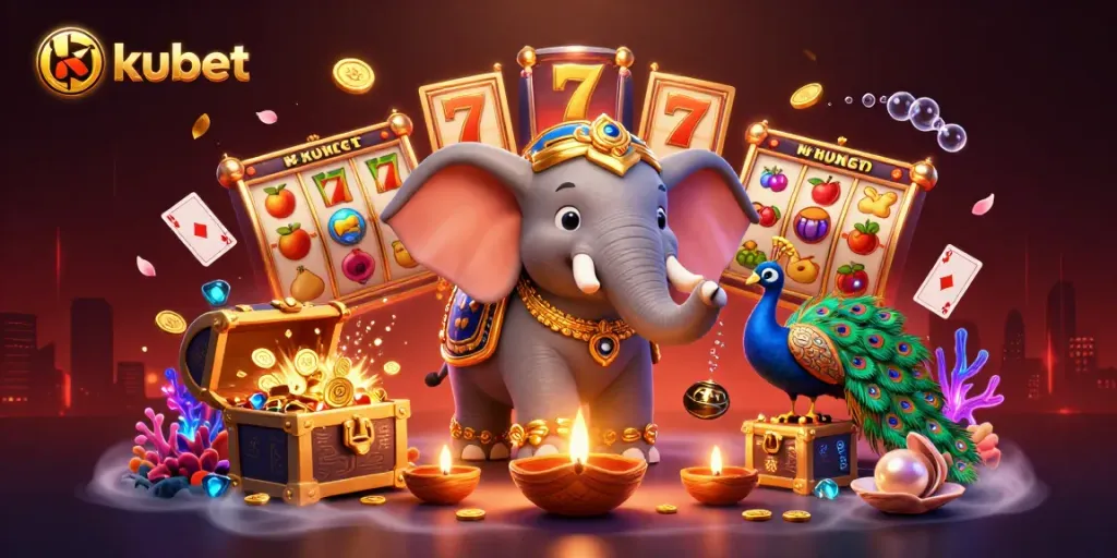 Win big at kubet with vibrant 3D casino elements, including slot reels and colorful gems.