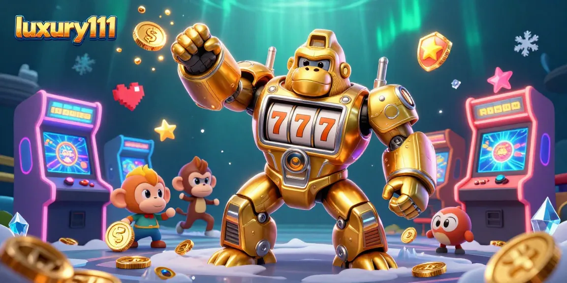 Experience thrilling wins with luxury111 in a vibrant 3D gambling scene filled with colorful arcade game elements.