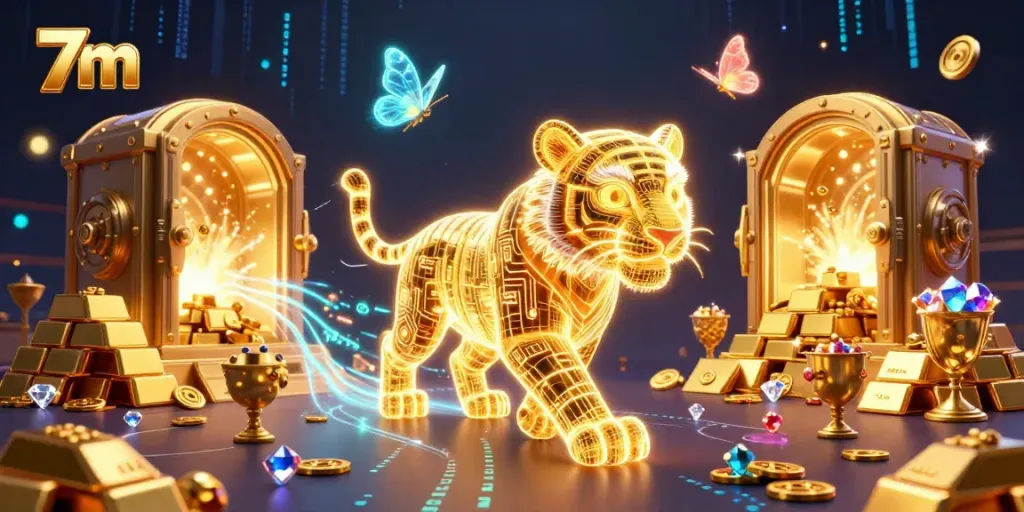 Experience the thrill of 7m's online gaming world with 3D neon visuals and sparkling treasures.