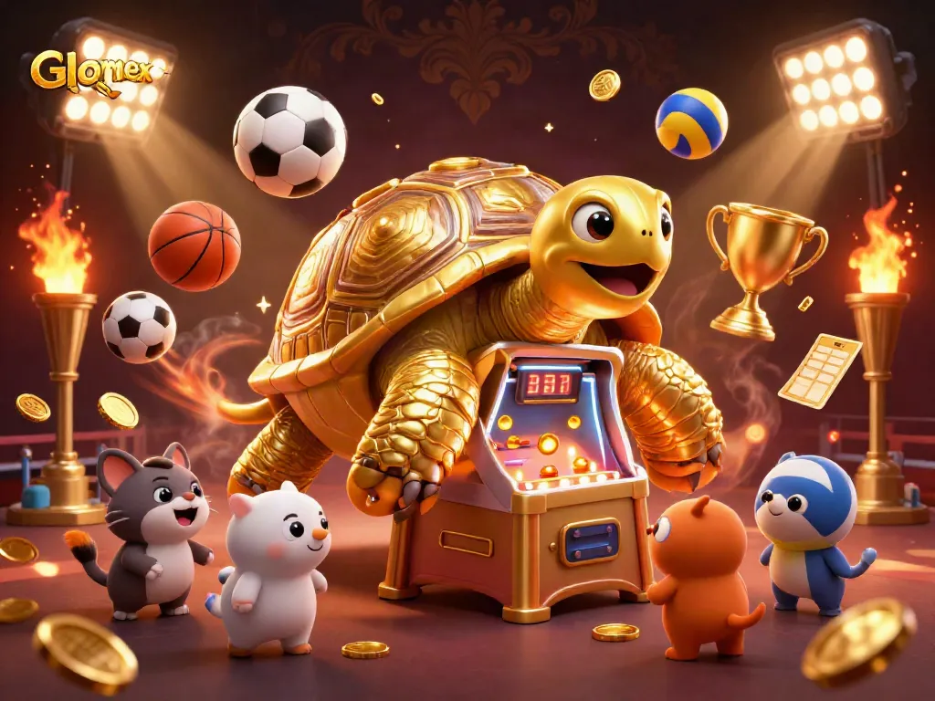 Betting excitement at Glomex with a golden tortoise pinball machine and sports elements.