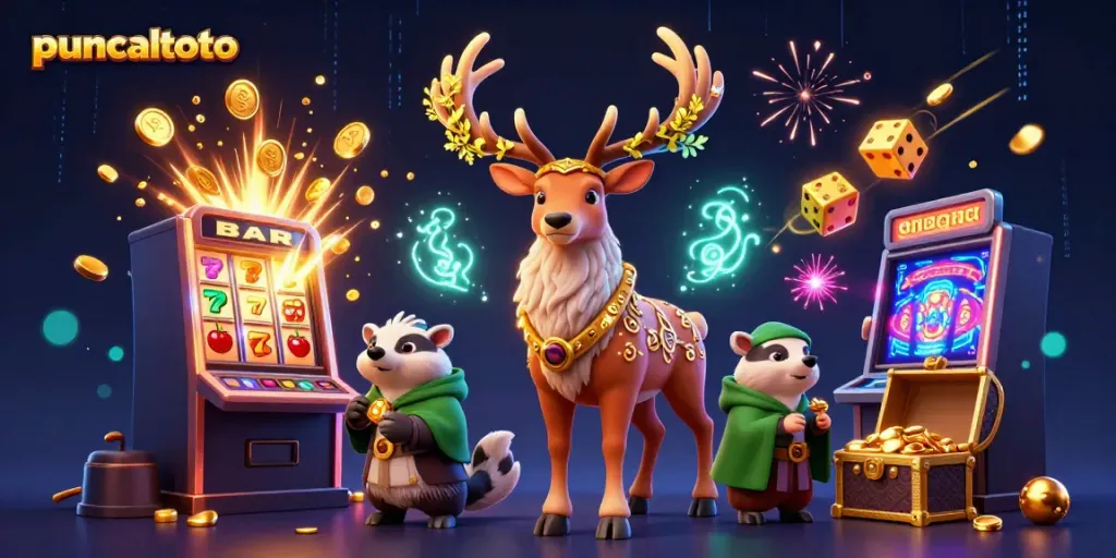 Puncaktoto menghadirkan ilustrasi 3D memukau dengan druid stag, badger, dan elemen slot untuk perjudian yang seru.