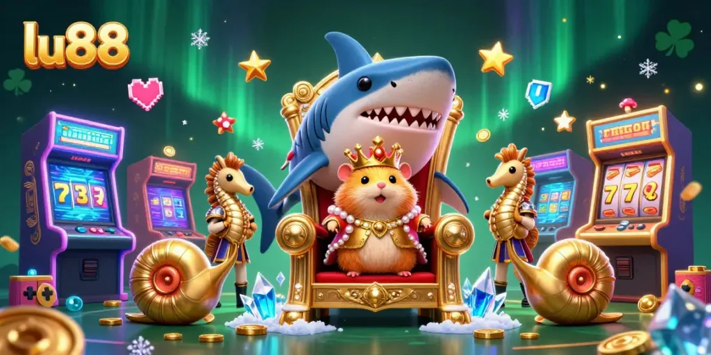 Experience exciting gameplay at lu88 with a golden hamster king and vibrant casino elements surrounding him.