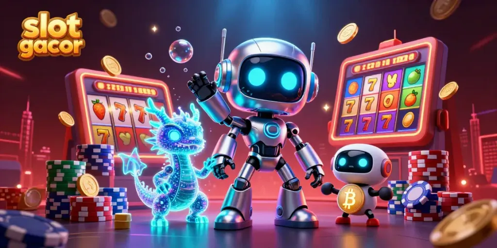Engaging scene with slot gacor featuring a futuristic robot mascot, showcasing vibrant slots and poker elements.