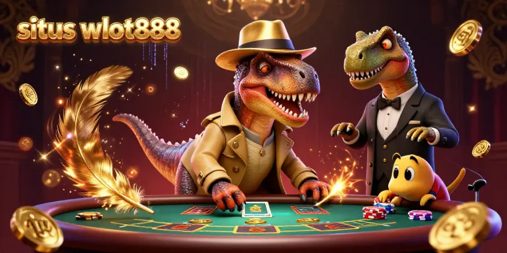 Gambarkan suasana situs wslot888 dengan velociraptor dan stegosaurus di meja blackjack yang penuh warna.