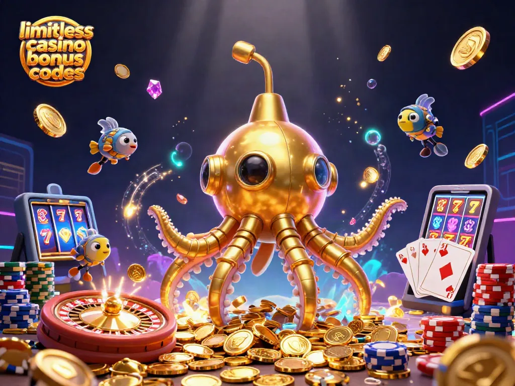 Unveil limitless casino bonus codes with the golden kraken submarine amidst coins and vibrant elements.