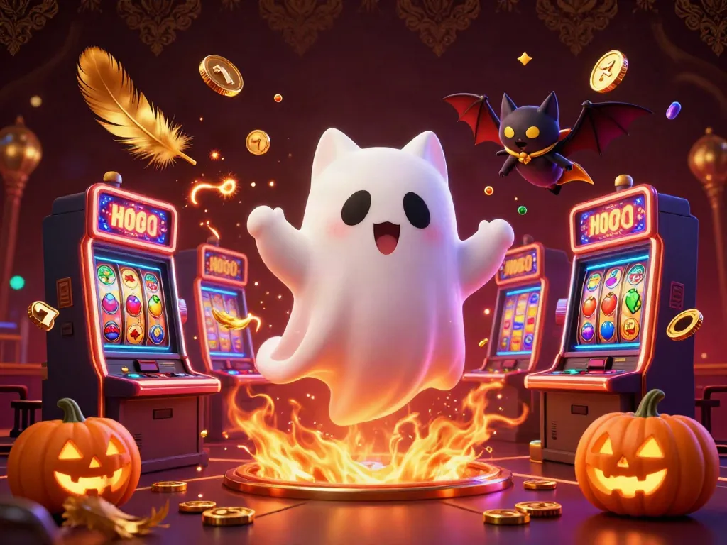 Experience the thrilling slot jackpot with a friendly ghost cat and vampire bat in a colorful casino scene.