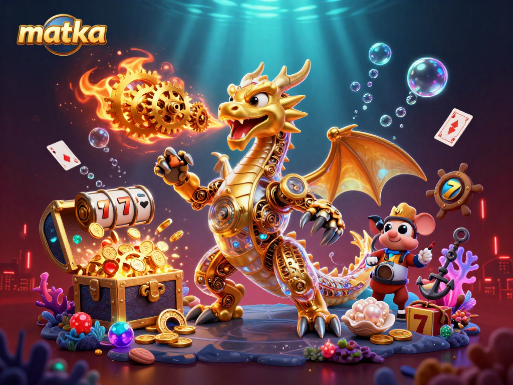 Experience thrilling matka gameplay amidst a vibrant casino scene featuring a golden dragon and treasure.