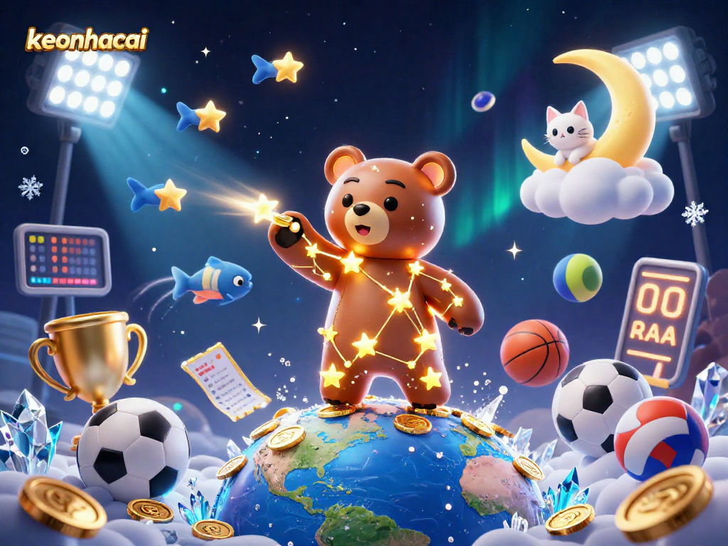 Bet on various sports with keonhacai in a vibrant, dynamic 3D casino scene featuring a constellation bear.