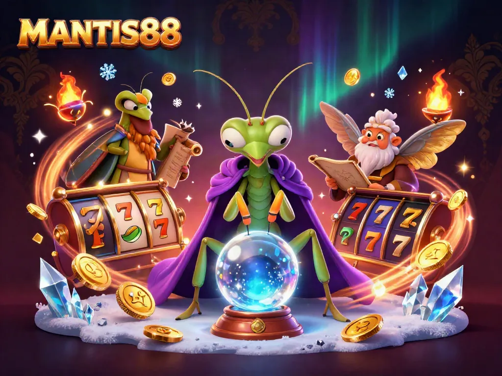 Engage with MANTIS88's dynamic gaming experience in a vibrant 3D slot illustration filled with excitement.