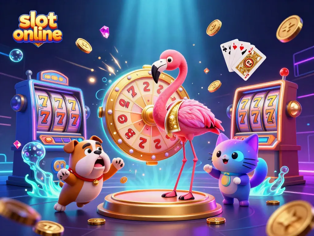Exciting scene of a game show host flamingo and contestant bulldog amidst slot online reels and gaming elements.