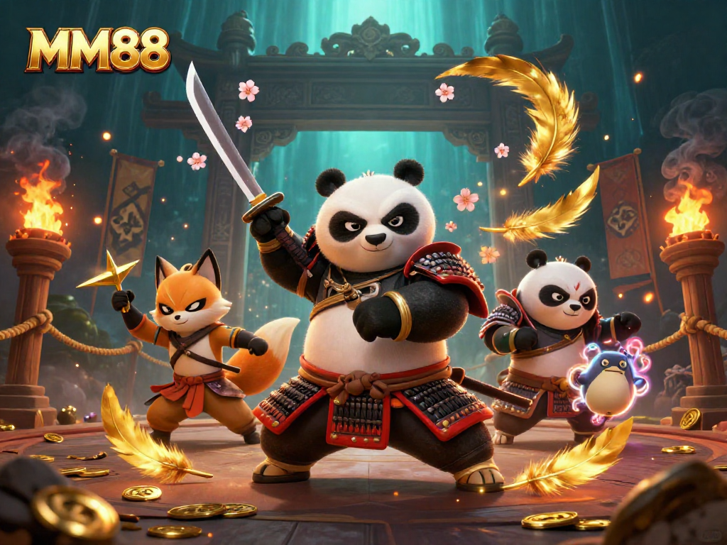 Engage in thrilling MM88 cockfighting action with animated samurai panda and ninja fox, surrounded by vibrant gambling elements.