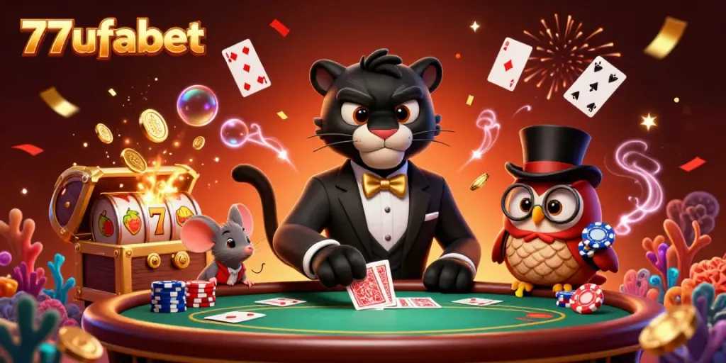 Enjoy thrilling poker action at 77ufabet with a glamorous panther dealer in a lively casino scene.