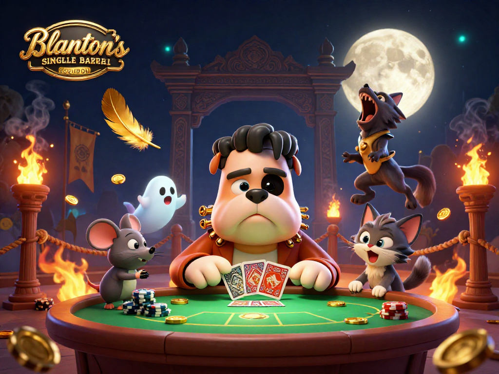 Engage with Blanton's Single Barrel Bourbon at a spirited casino table with animated characters.