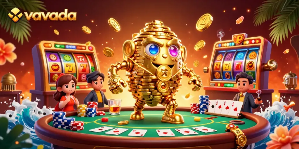 Experience the thrill of vavada with a vibrant casino scene featuring a golden golem and slot machines.