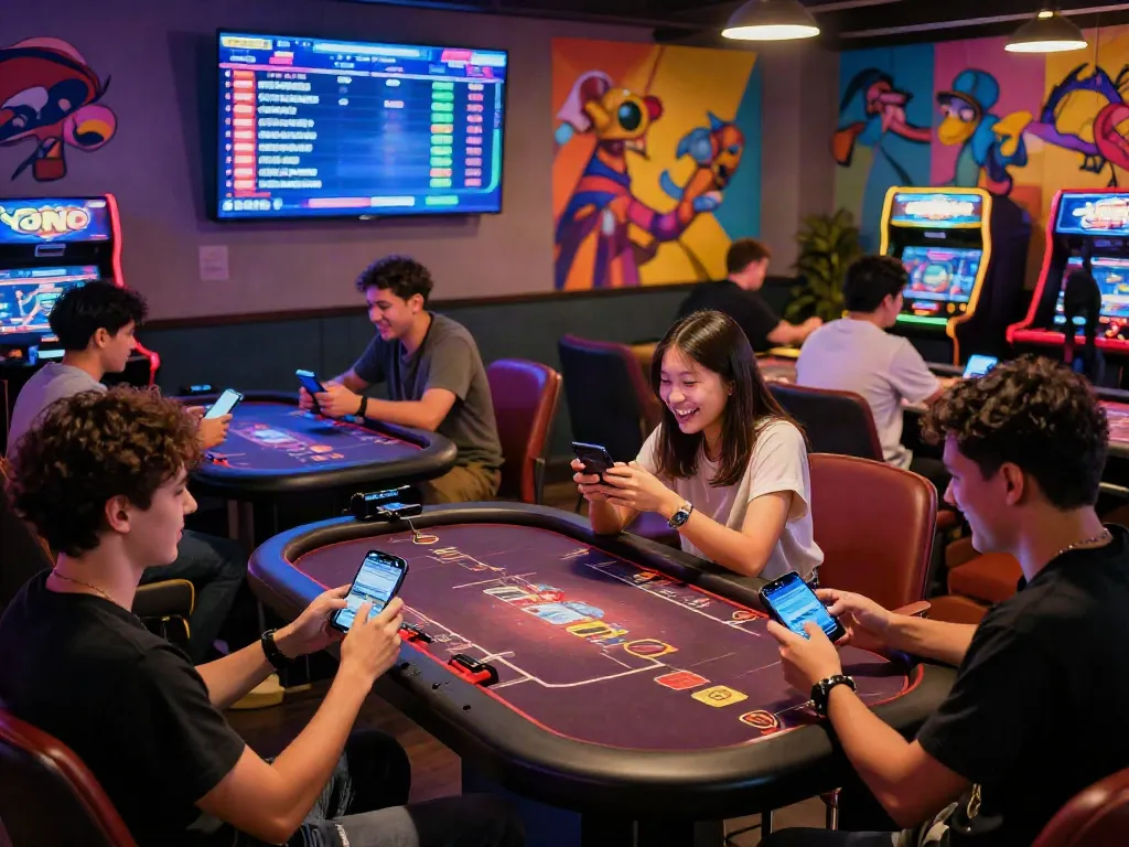 Players enjoying Yono Arcade in a vibrant gaming lounge setting with various game tables.