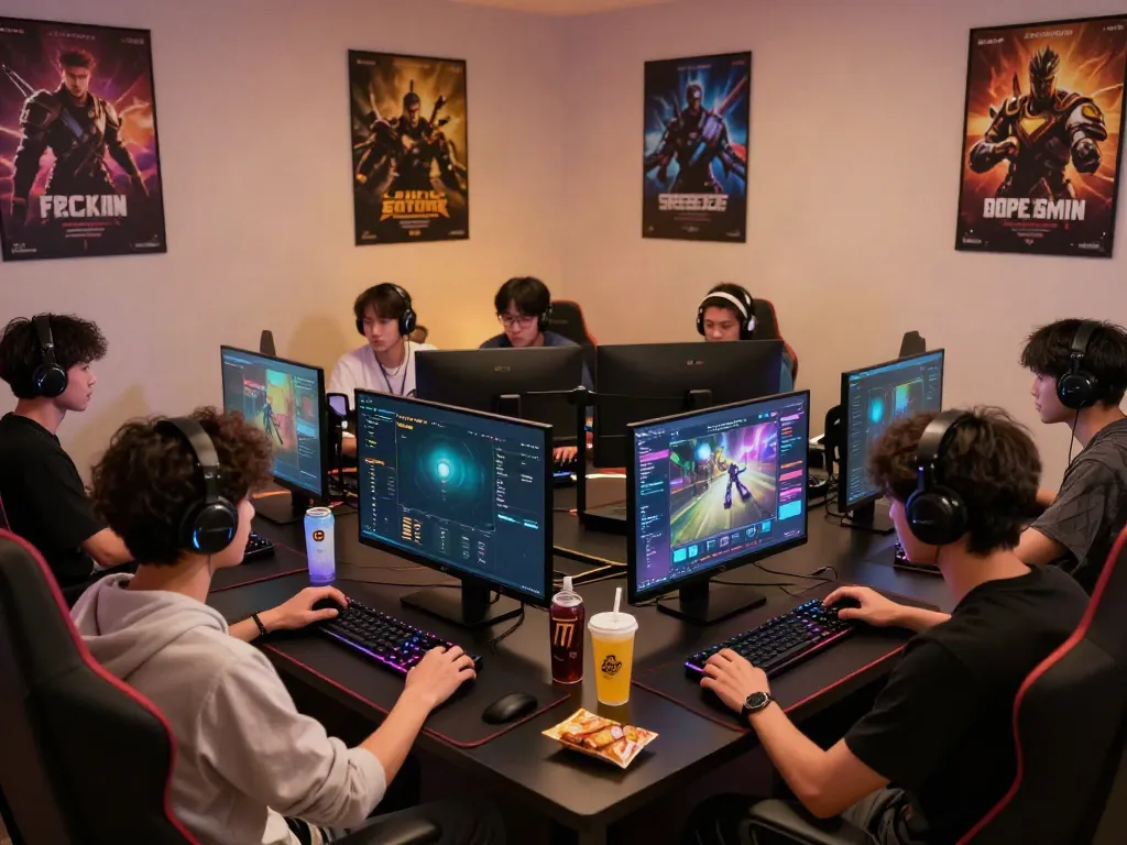 Exciting gaming scene on QQMacan with players immersed in multiple online games and high-tech setups.