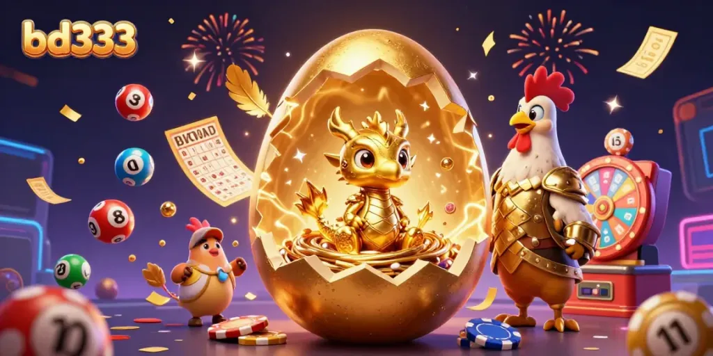 Engage with bd333 in a vibrant, dynamic casino-themed scene, featuring a golden dragon and lottery balls.