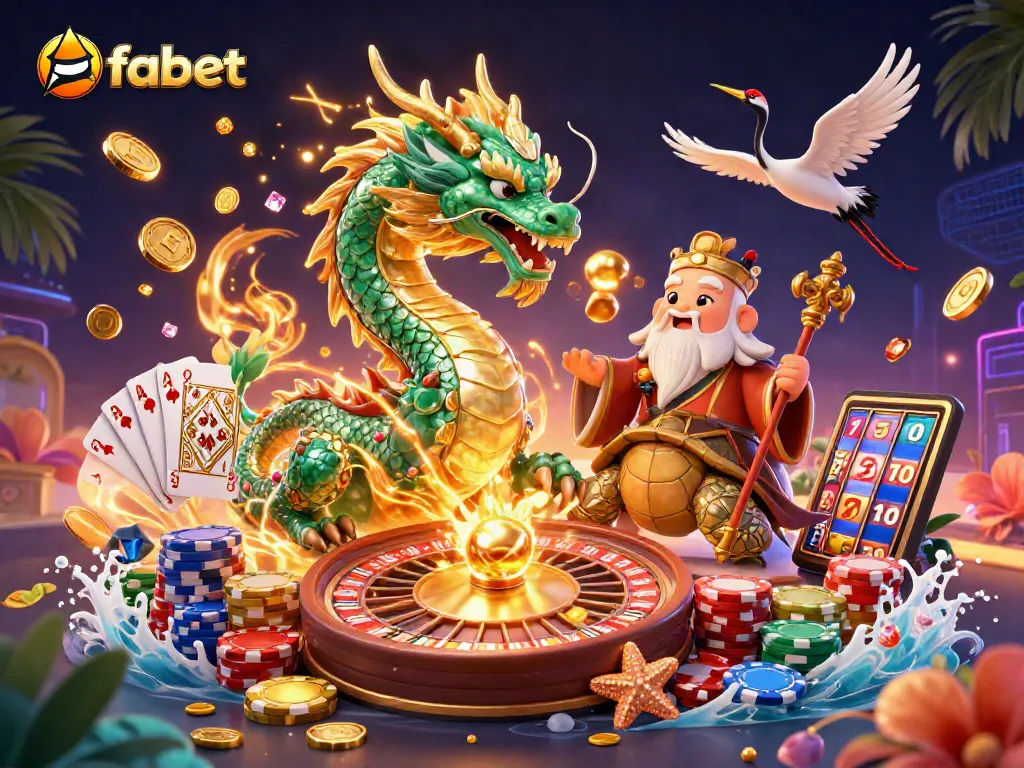 Experience fabulous wins at fabet with vibrant casino elements and a captivating dragon.