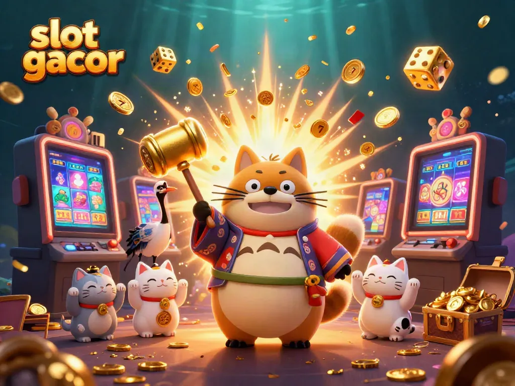 Visualisasi warna-warni slot gacor dengan tanuki beruntung dan simbol mesin slot.