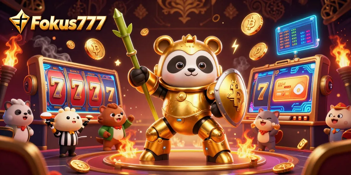 Experience the thrill of slots with Fokus777 in a bustling arena featuring golden panda and dynamic game elements.