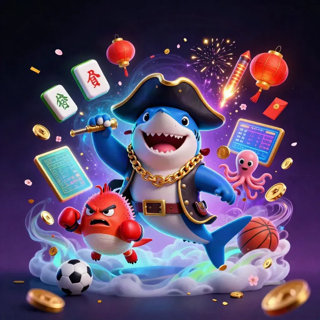Pirate shark, boxing pufferfish and juggling octopus amid neon casino treasure.