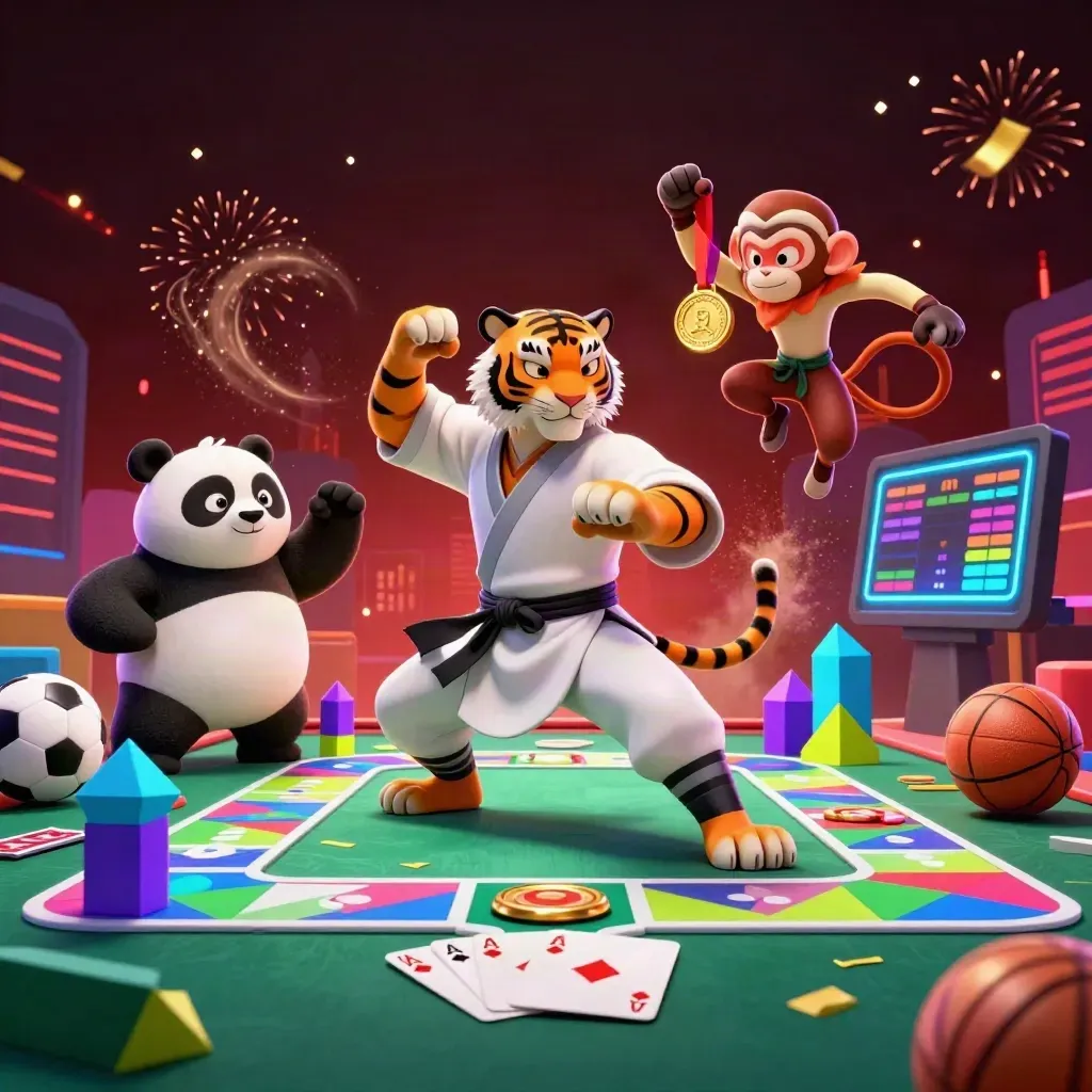 Tiger, panda, and monkey in a neon casino-fight scene with chips, cards, balls, and fireworks.