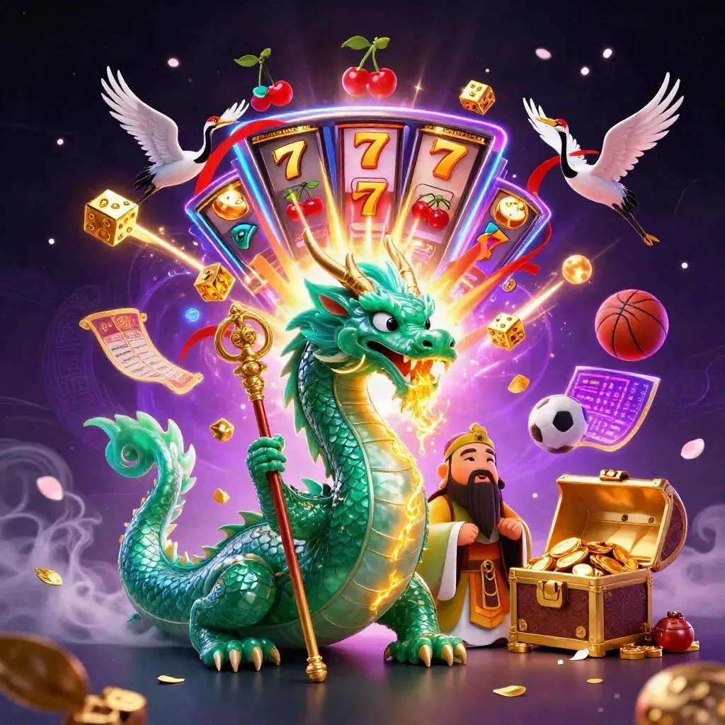 Dragon, turtle sage, cranes, casino icons, gold, and neon magic in a cosmic arena