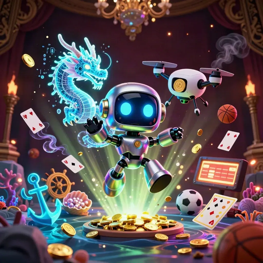 Cyberpunk robot, digital dragon, and coin drone in a treasure cove with casino props