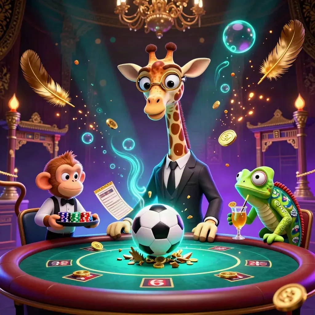 Luxury casino animals in neon sports chaos with a frozen soccer ball and blazing lights.