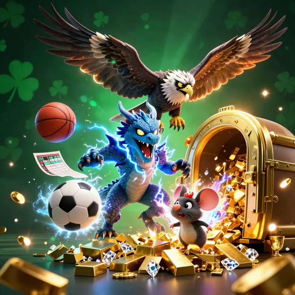Thunder dragon, hawk, and mouse amid gold vault, sports balls, and neon casino lightning.