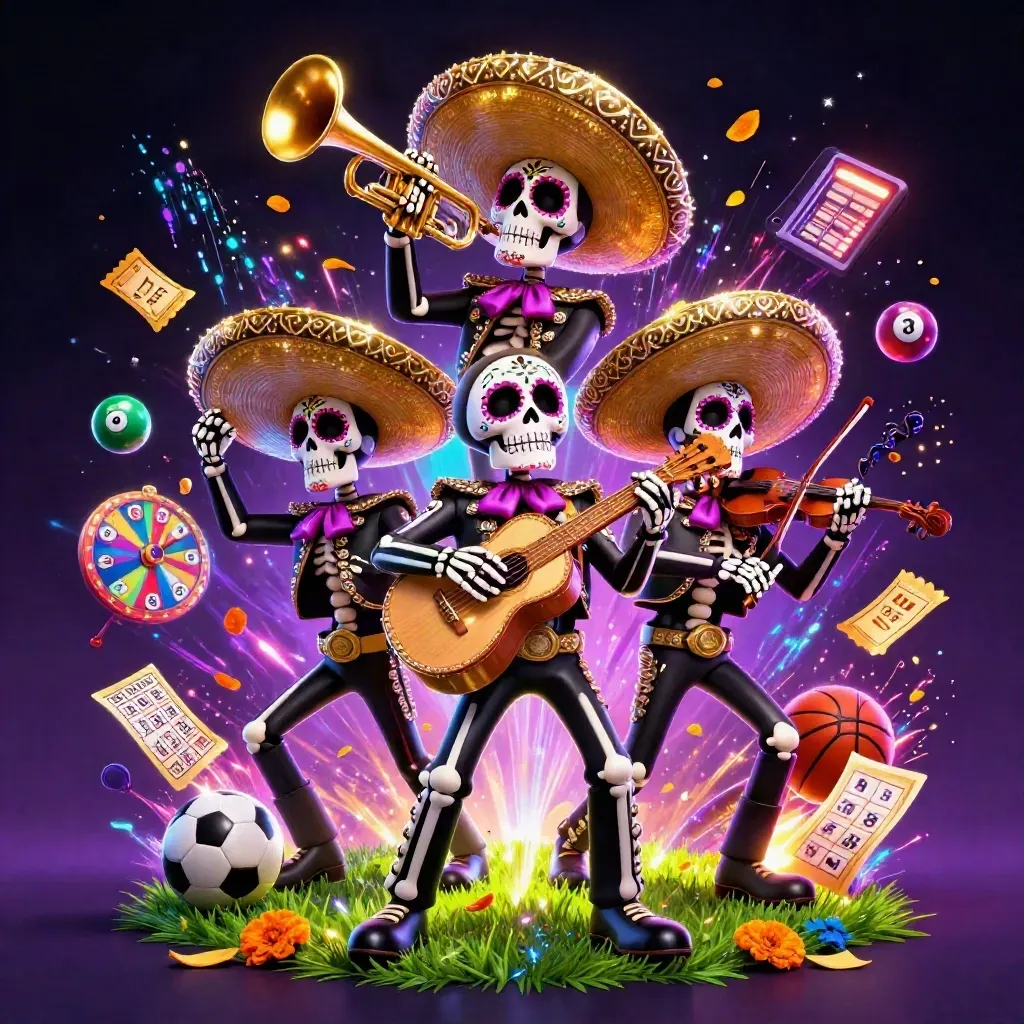 Skeleton mariachi trio amid neon casino props, lottery balls, prize wheel, and cyber lights.