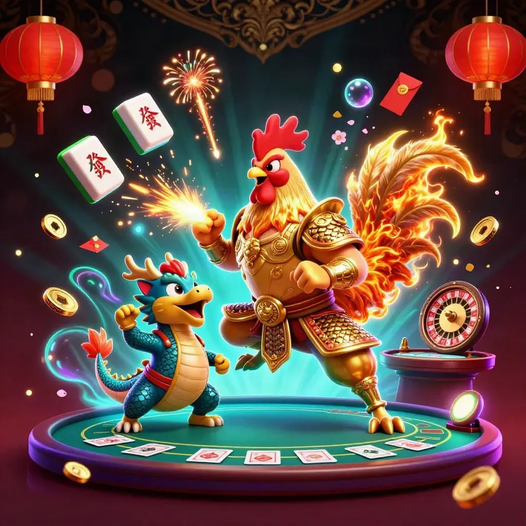 Rooster samurai, dragon hatchling and fortune-cat in neon casino chaos with glowing tiles and lanterns.