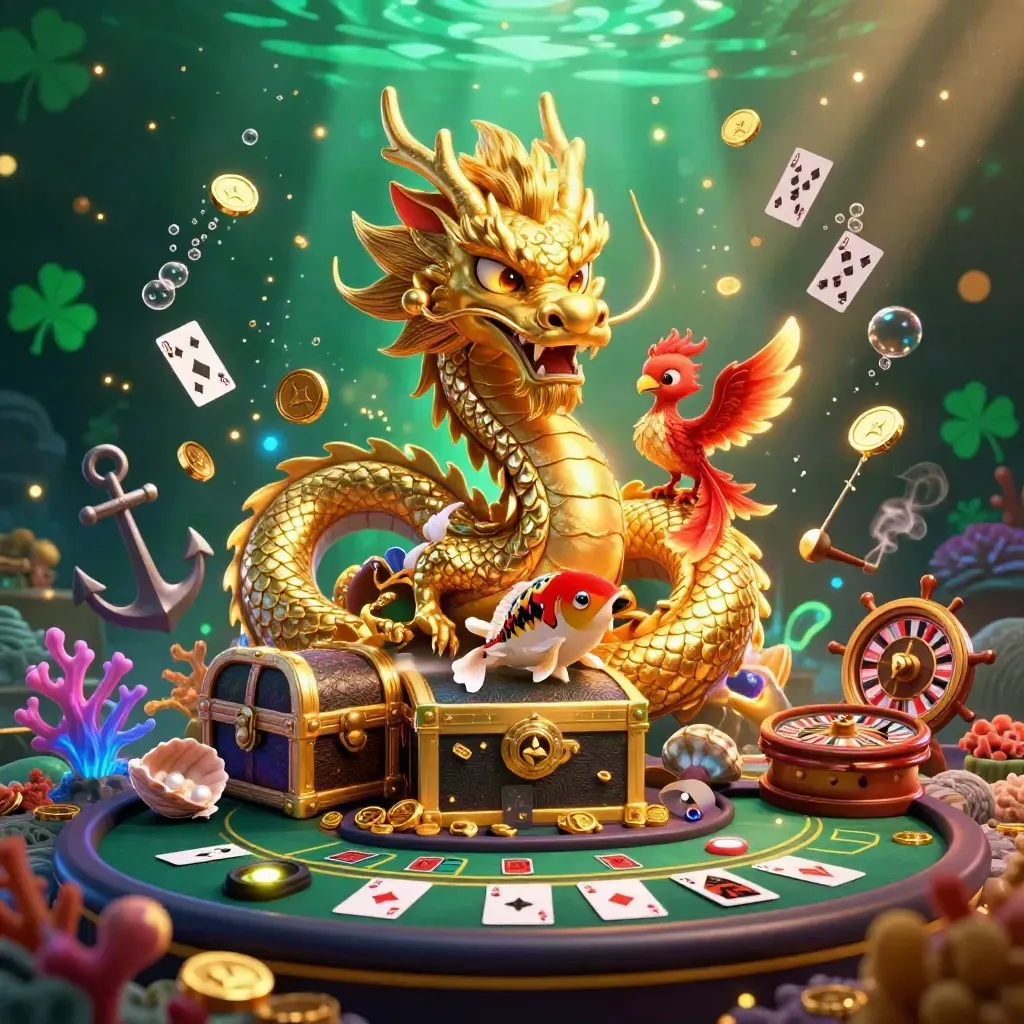 Dragon, phoenix and koi amid a luxe neon casino cove with roulette, cards and glowing effects.