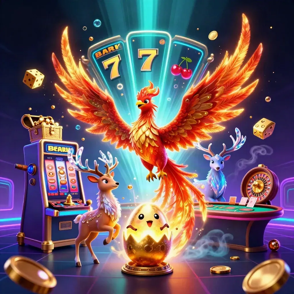 Phoenix, baby phoenix, and crystal stag amid neon casino magic, slot burst, dice, chest