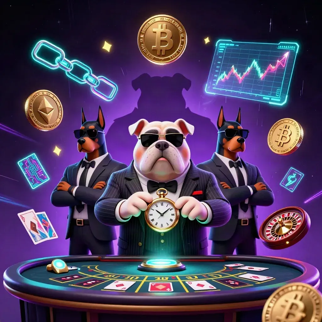3D cartoon bulldog boss and Dobermans amid neon crypto casino energy, roulette, cards, and cyber lights