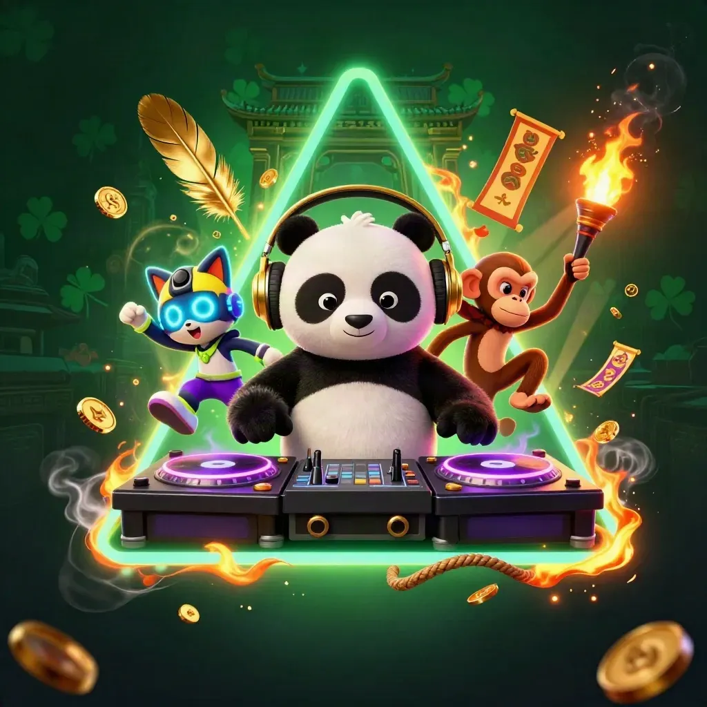 DJ panda, breakdancing monkey, and rave kitten amid ember-lit treasure, temple gate, and casino glow