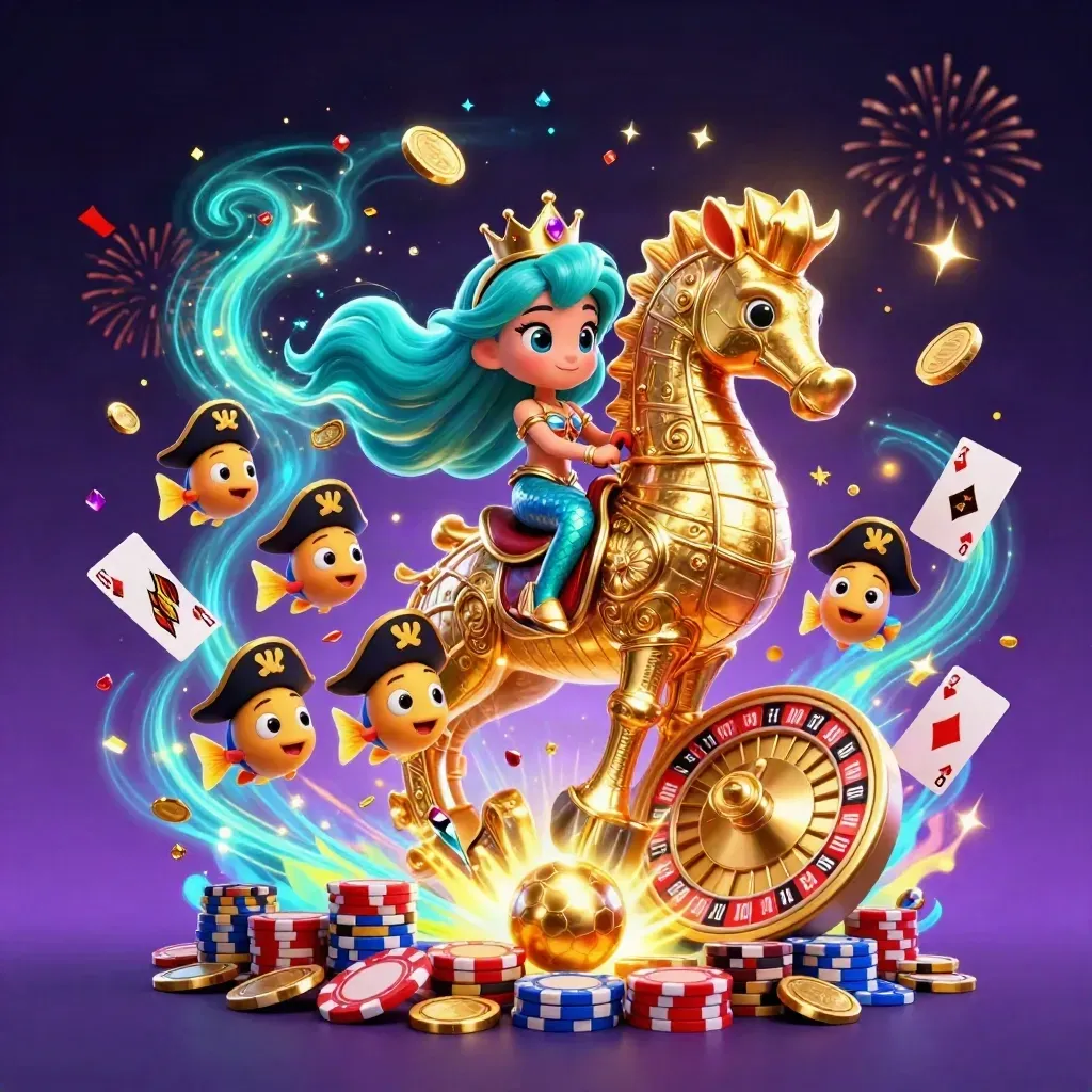 Mermaid princess on golden seahorse amid coins, gems, cards, chips and neon casino magic.
