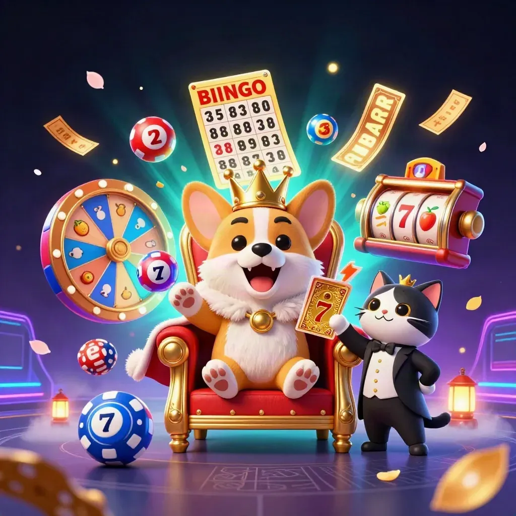 Royal corgi and cat butler amid casino bursts, neon grid, petals, gold, and glowing game icons.