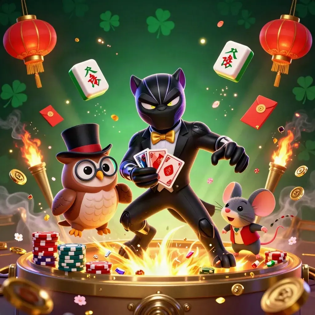 Panther, owl, and mouse raid a gold vault as treasure, coins, and lanterns burst in neon light.
