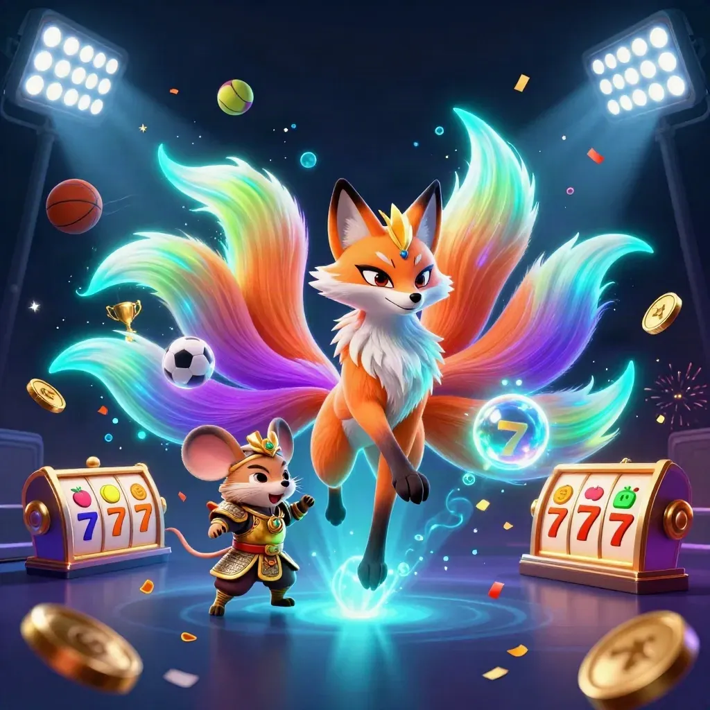Neon fox spirit and armored mouse amid casino icons, coins, fireworks and cyan magic